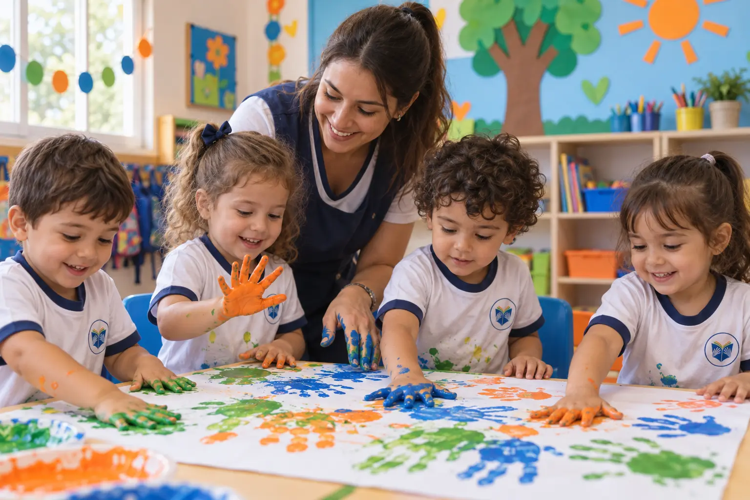 Crianças pintando com as mãos na aula da Educação Infantil